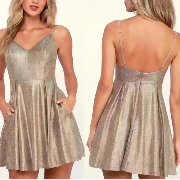 Lulu’s womens XS Keeps Getting Better Gold metallic Skater summer party Dress - Picture 1 of 13